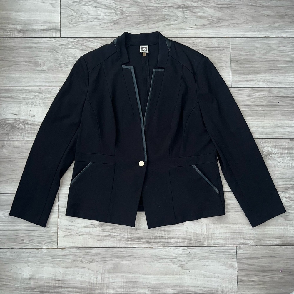 Anne Klein Black Blazer Jacket Womens XL Faux Leather Trim Business Casual
